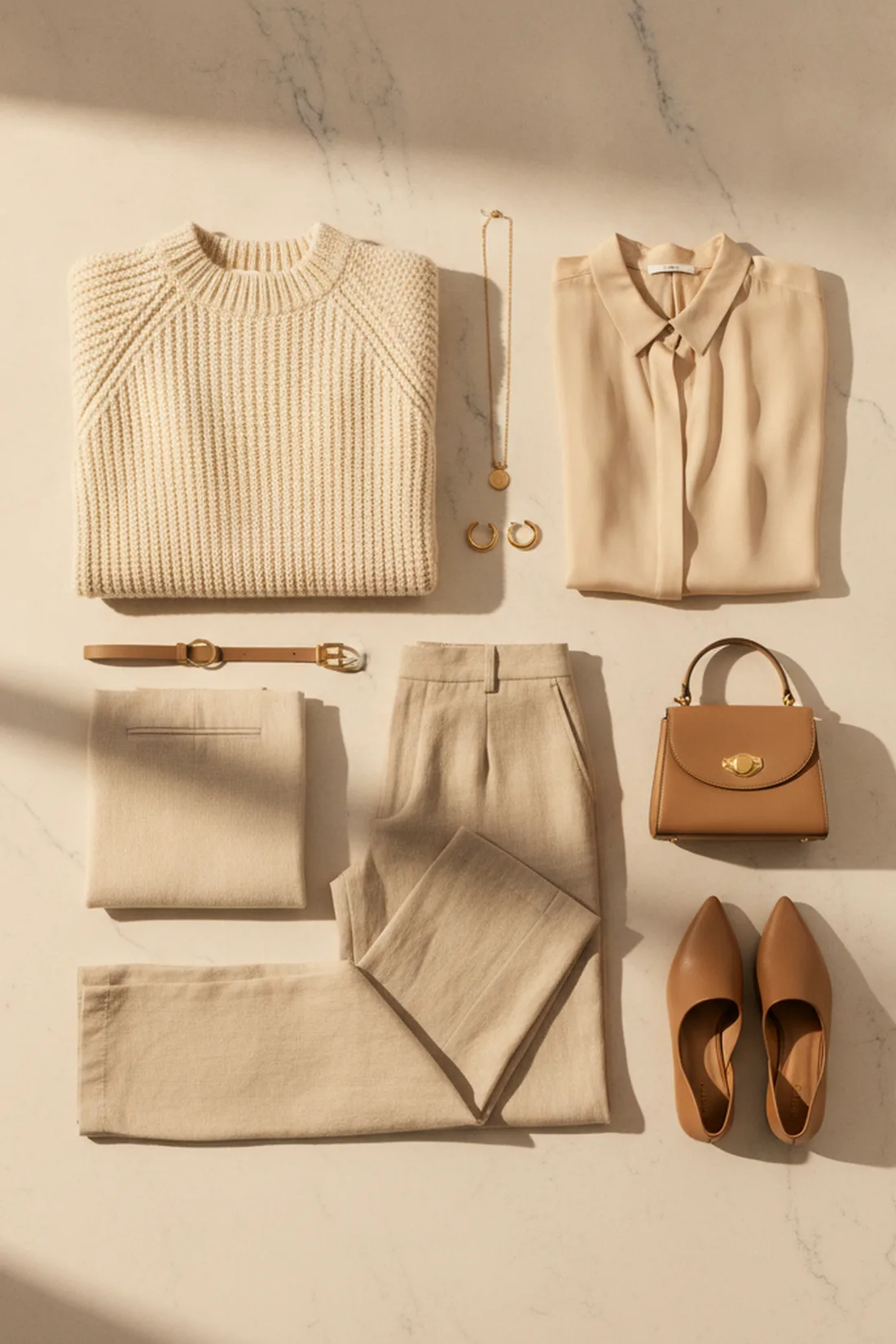 Capsule wardrobe flat lay neutral tones, styled flat lay.