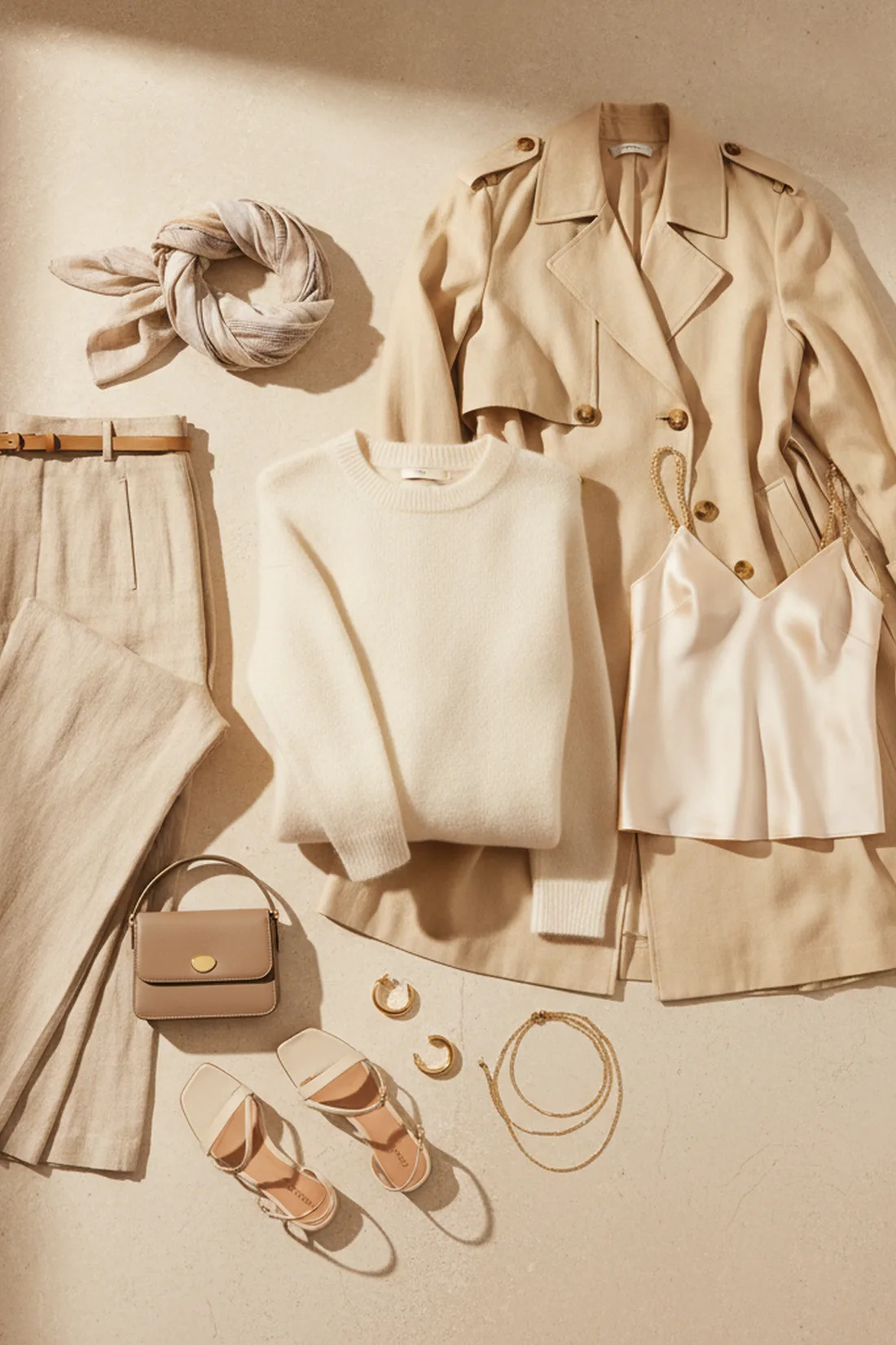 Capsule wardrobe flat lay neutral tones, styled flat lay.