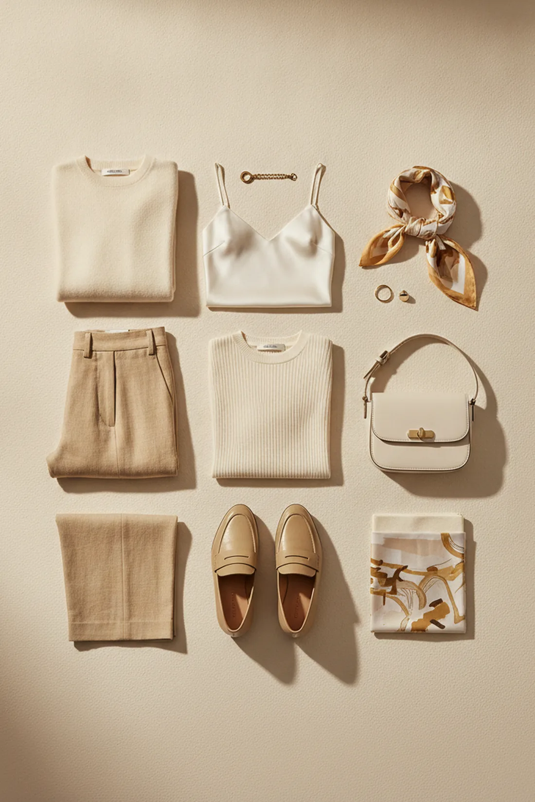 Minimalist wardrobe essentials grid, styled flat lay.