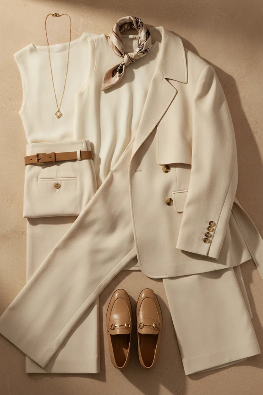 Office capsule flat lay tailoring, styled flat lay.
