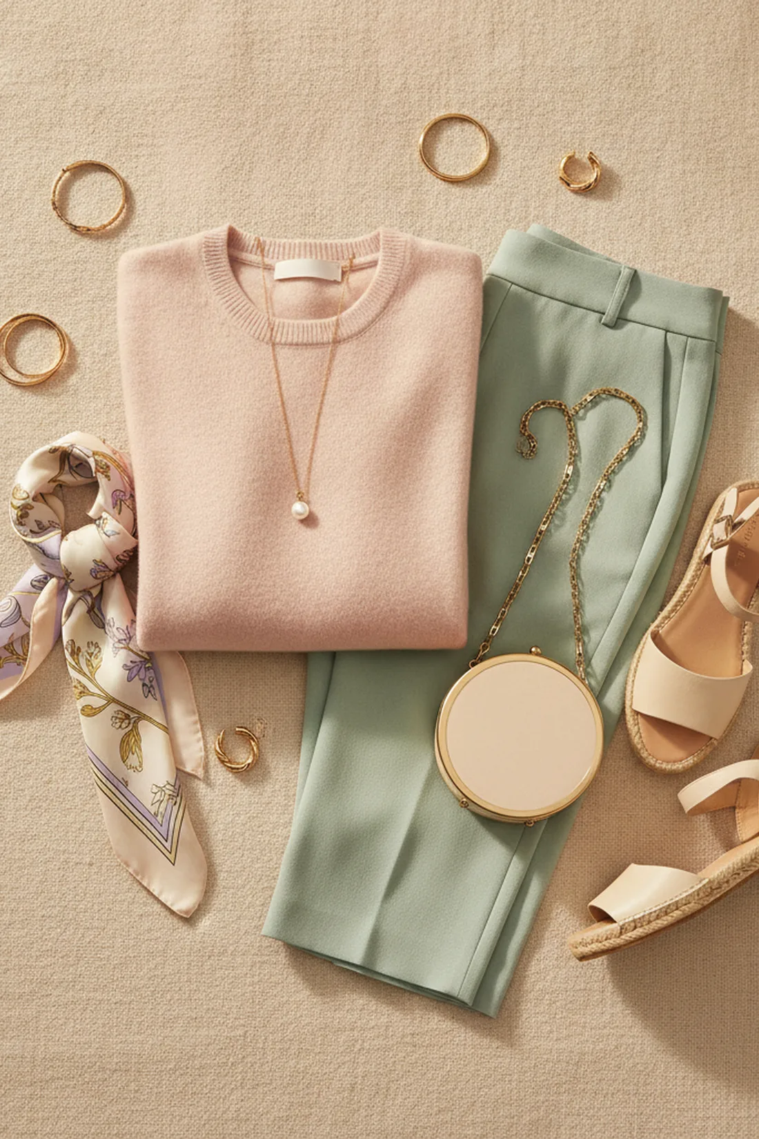 Spring pastel capsule flat lay, styled flat lay.