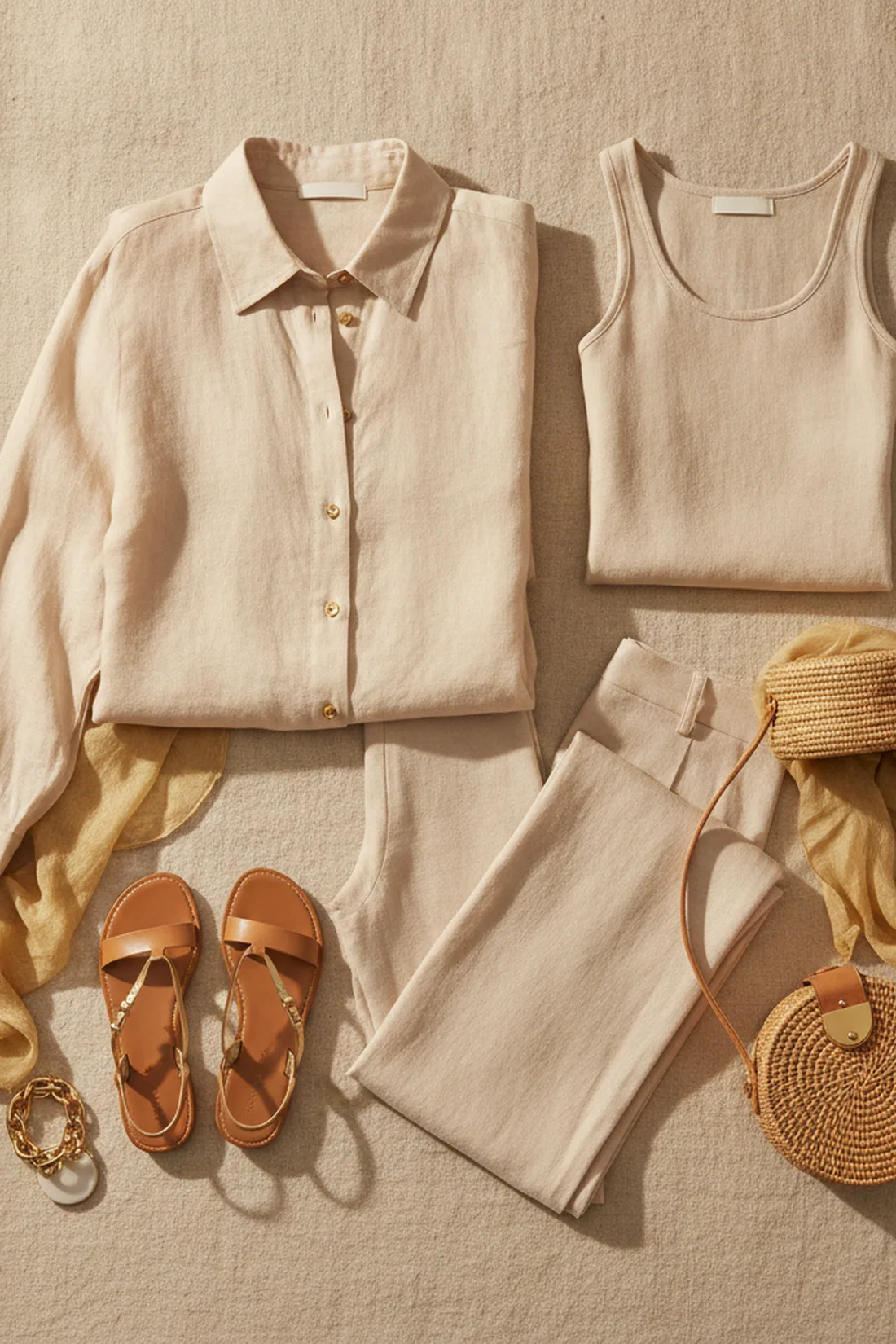 Summer linen capsule flat lay, styled flat lay.