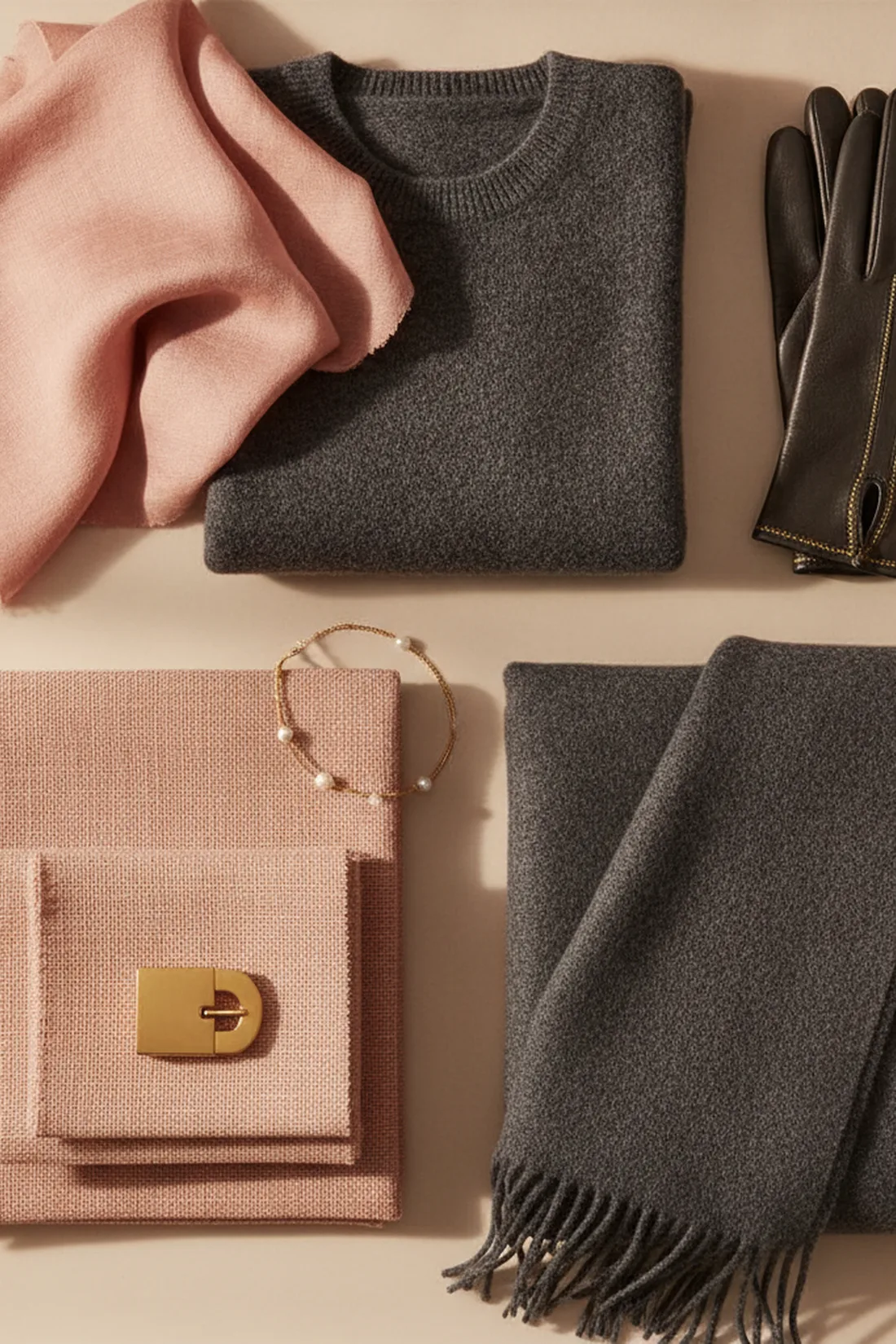 Color story blush and charcoal, styled flat lay.