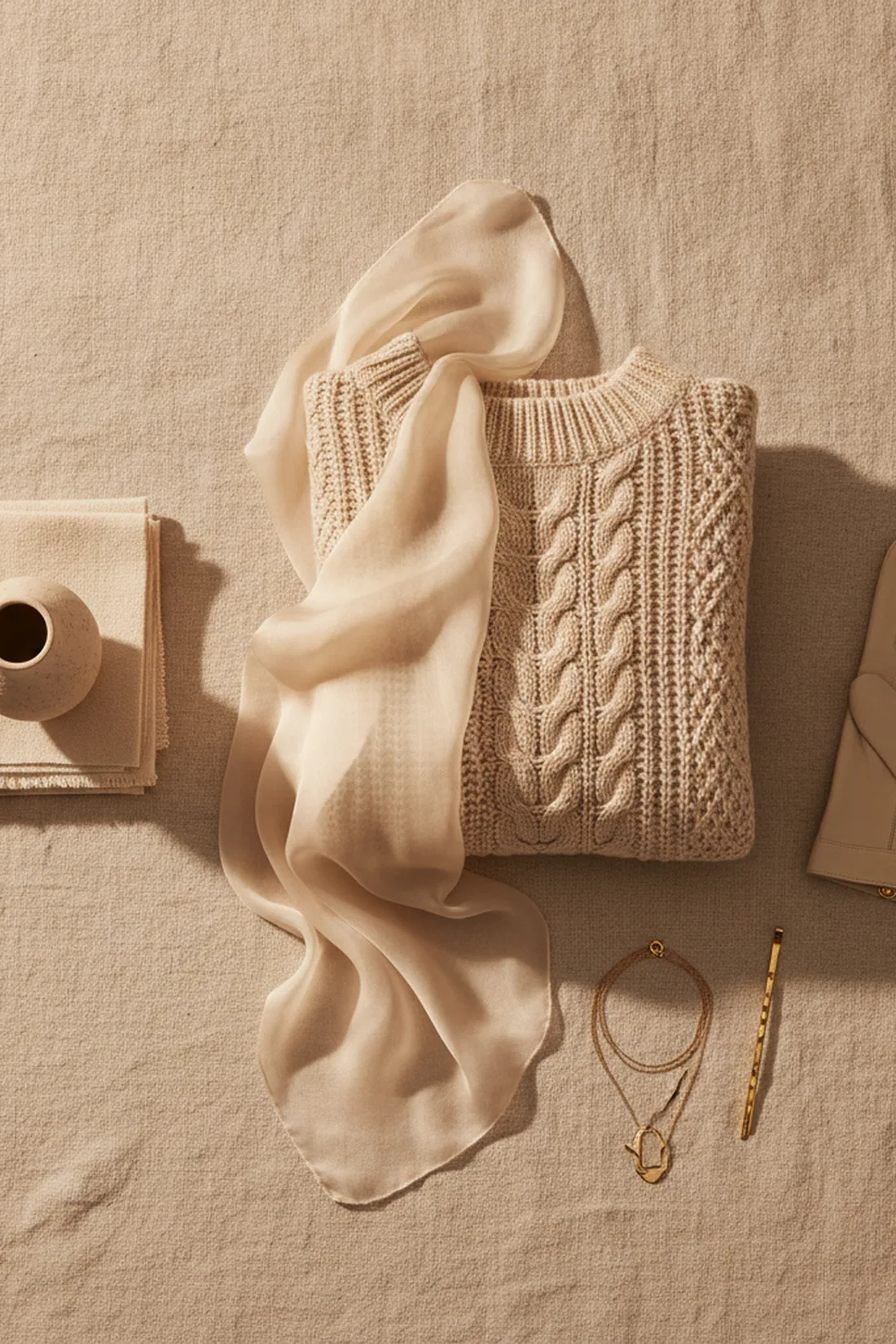 Color story ivory monochrome textures, styled flat lay.