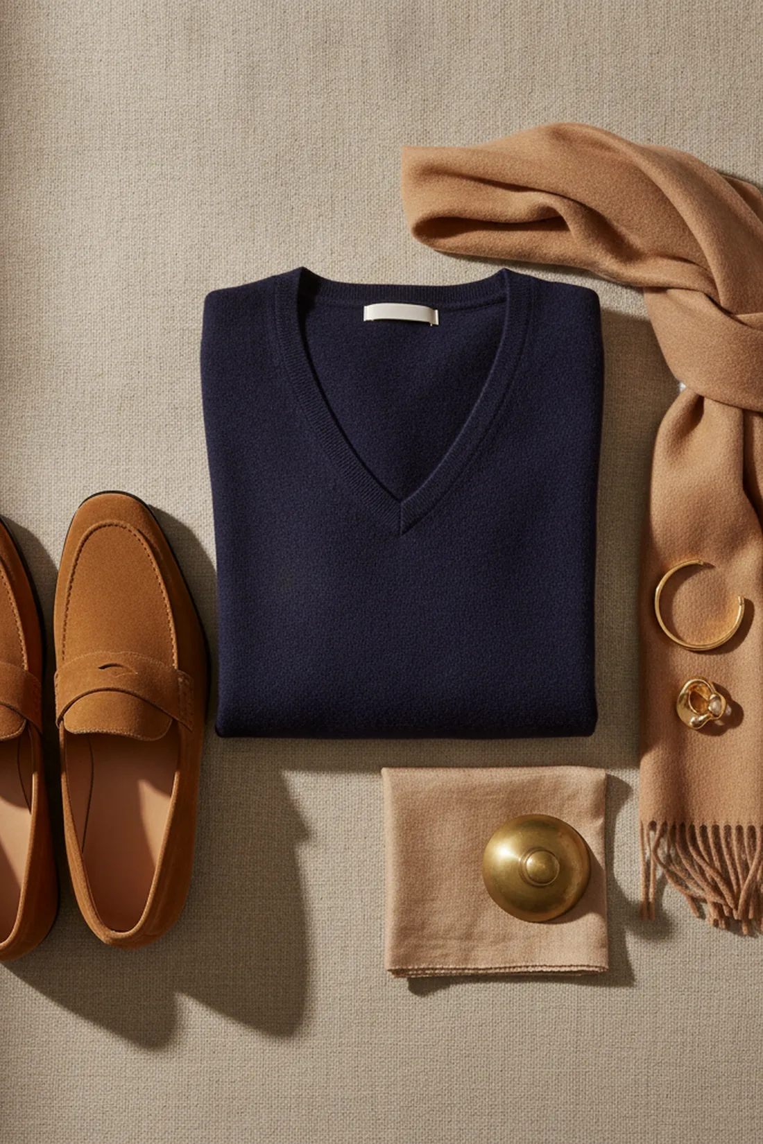 Color story navy and camel, styled flat lay.