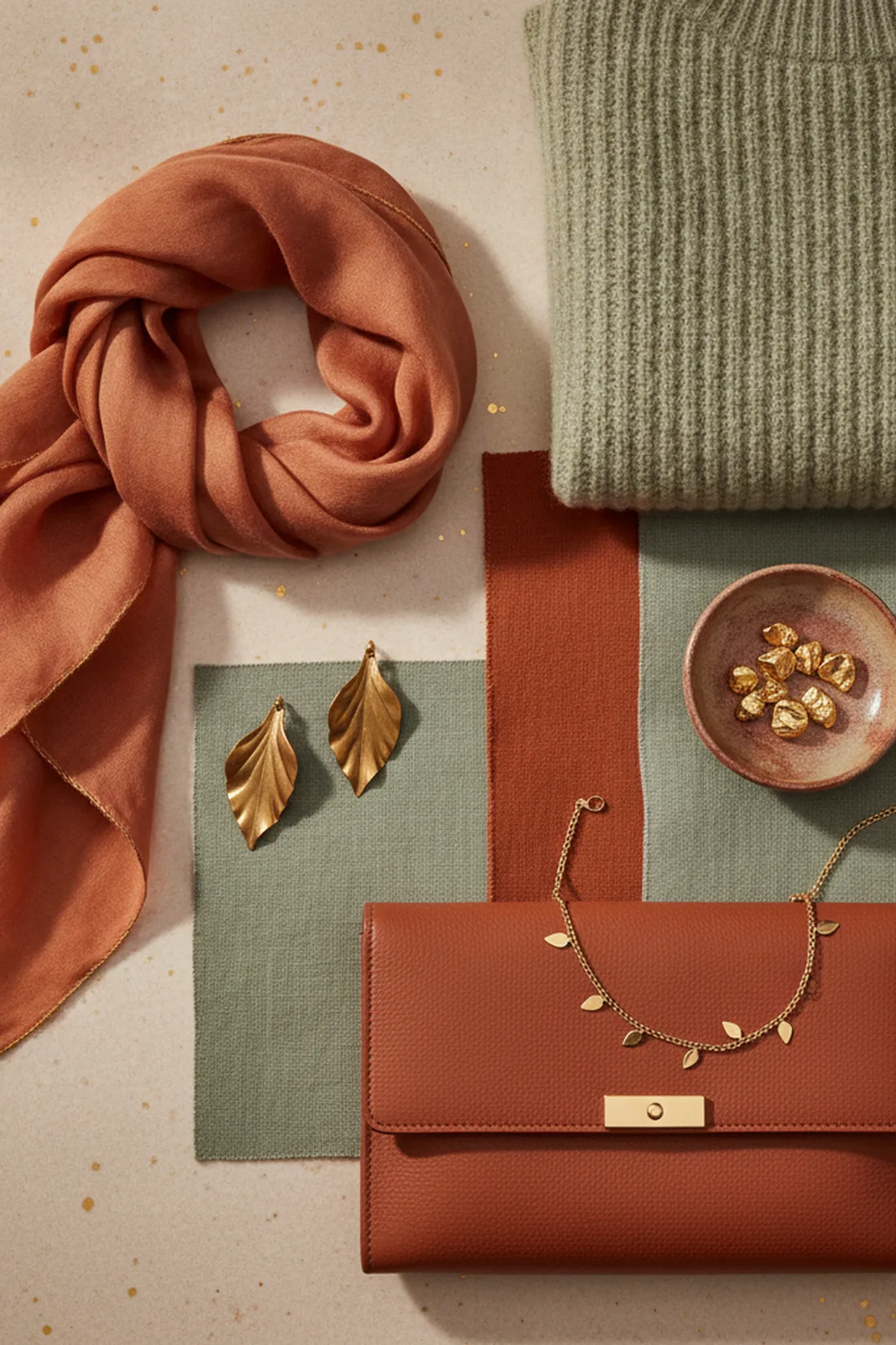 Color story terracotta and sage, styled flat lay.