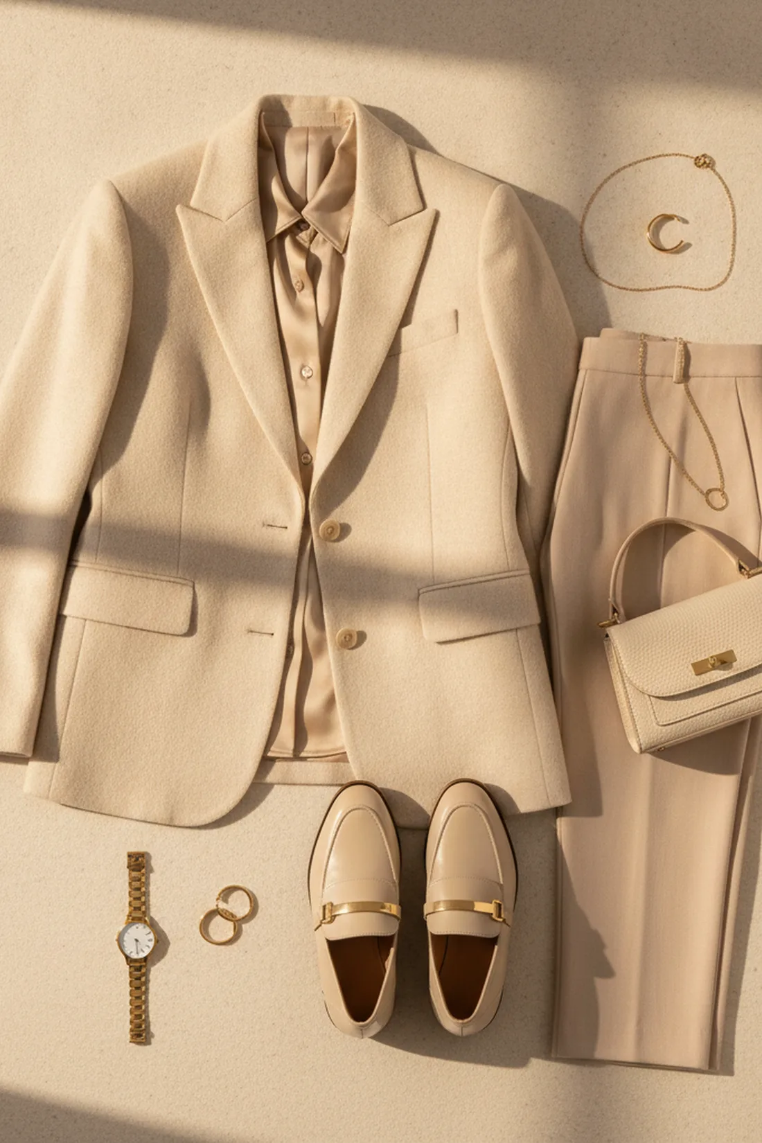 Office capsule flat lay tailoring, styled flat lay.