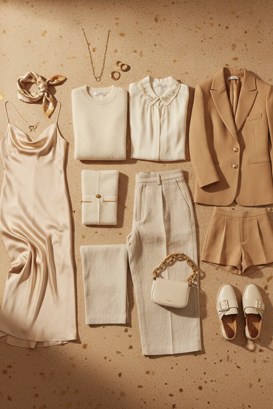 Twelve piece travel capsule flat lay, styled flat lay.