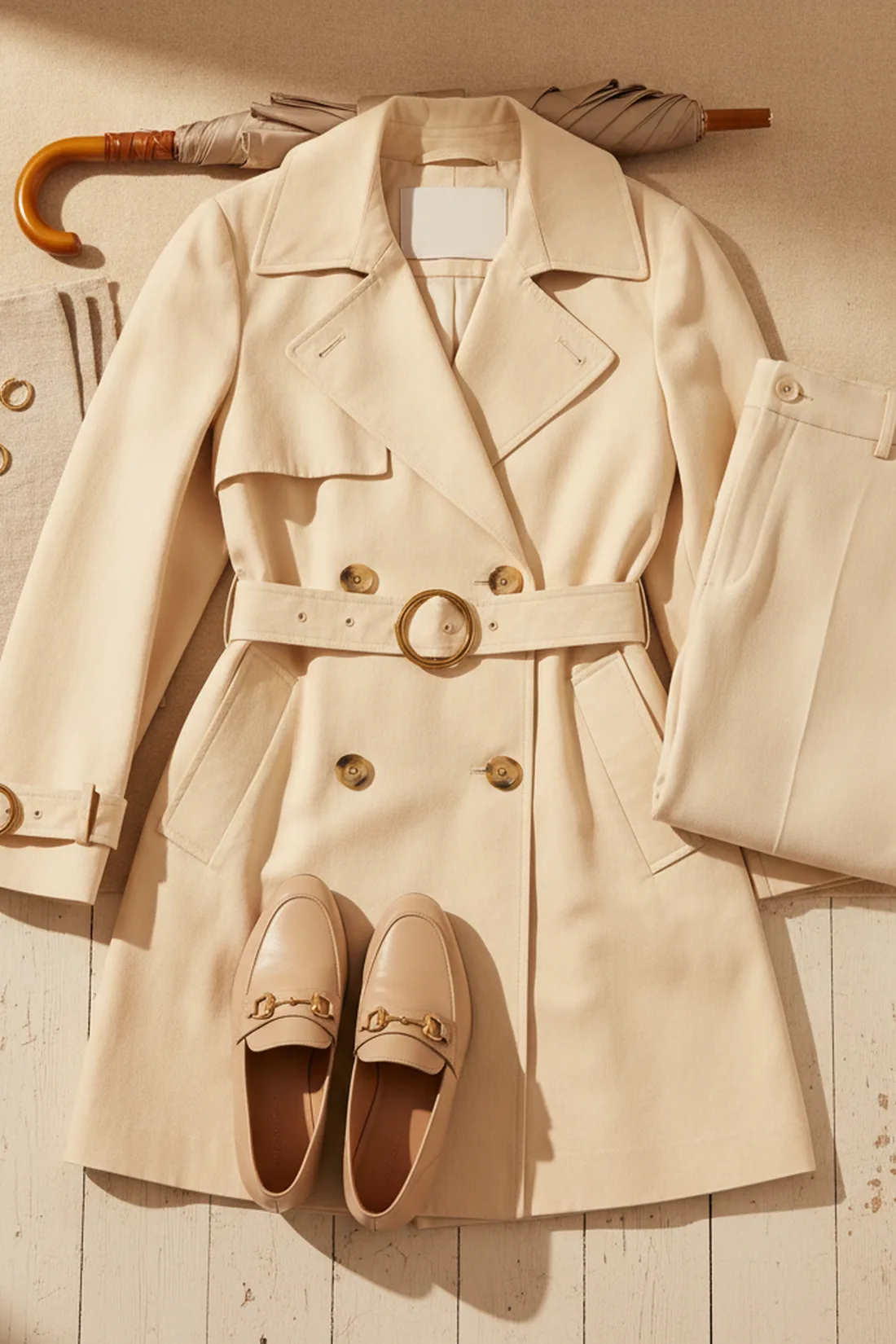 Rainy day outfit flat lay trench, styled flat lay.