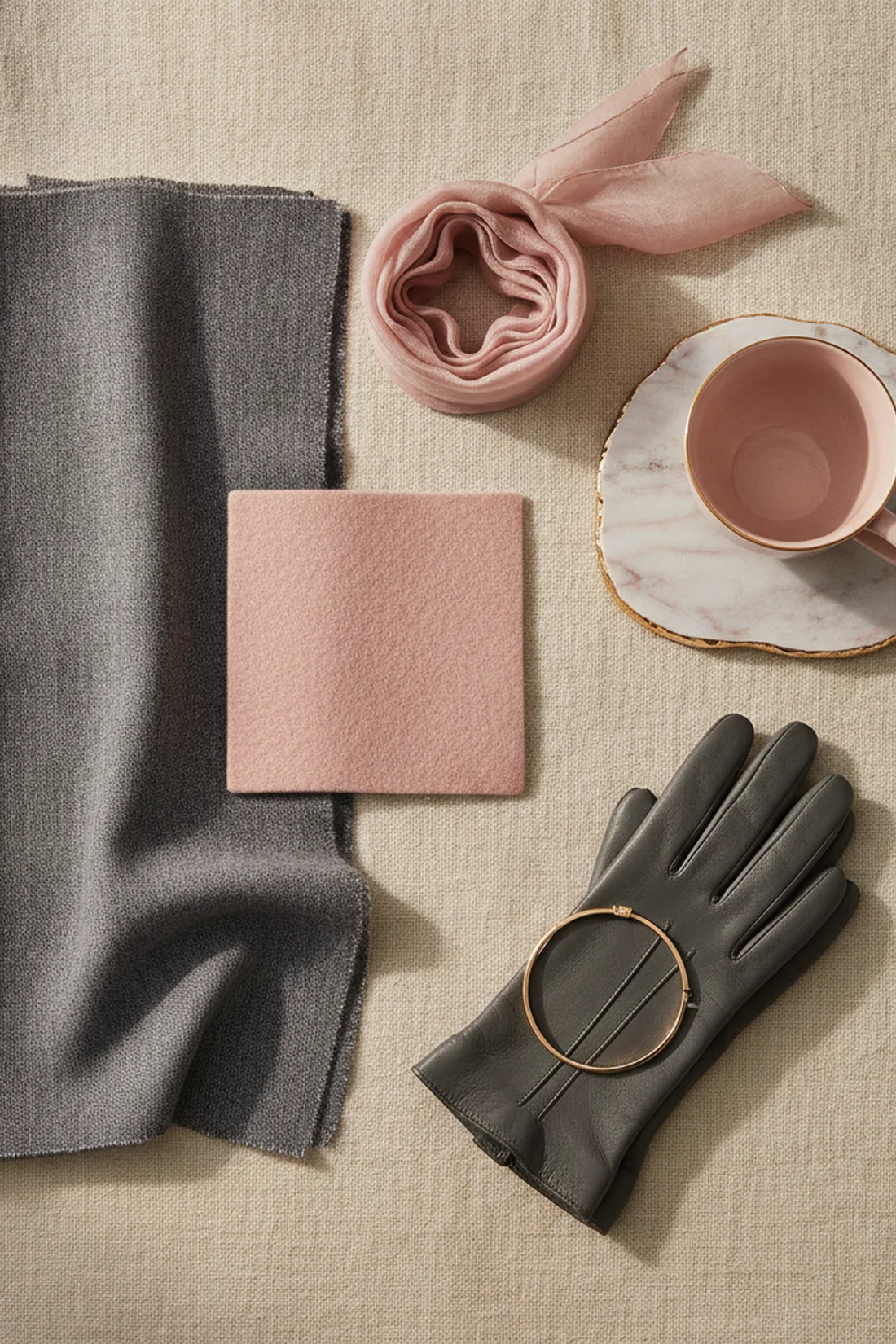 Color story blush and charcoal, styled flat lay.