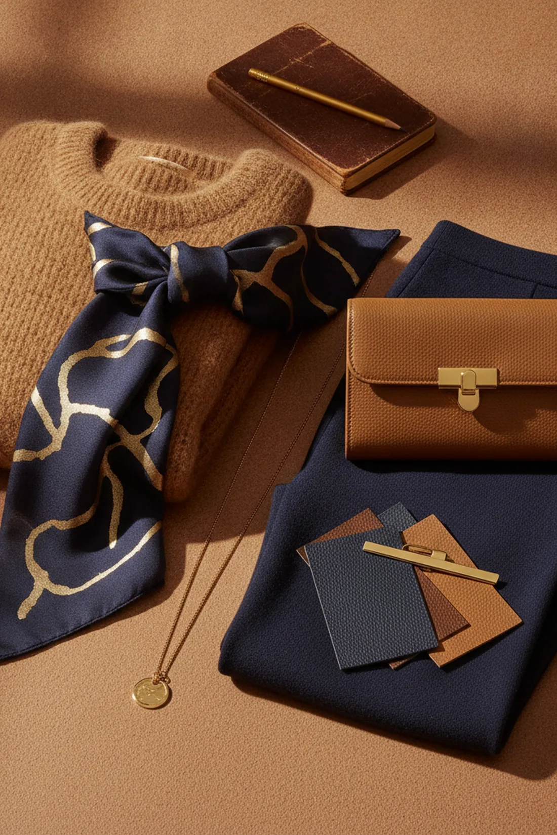 Color story navy and camel, styled flat lay.