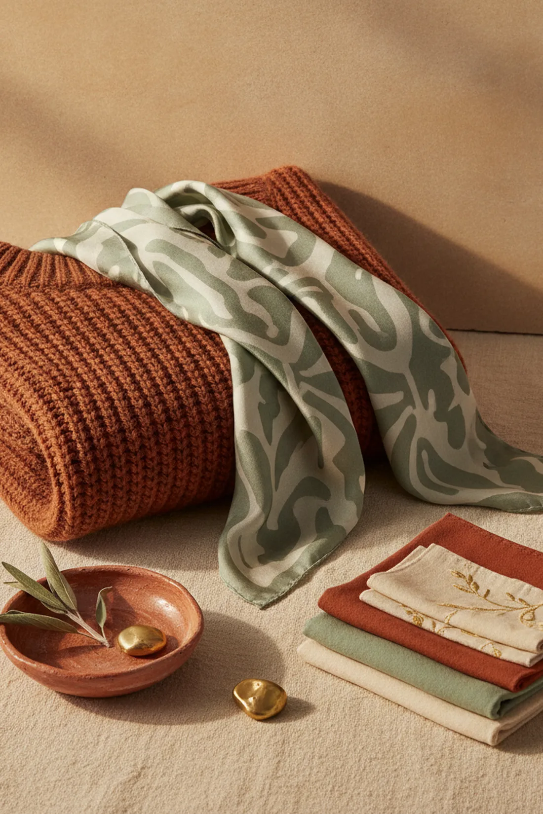 Color story terracotta and sage, styled flat lay.