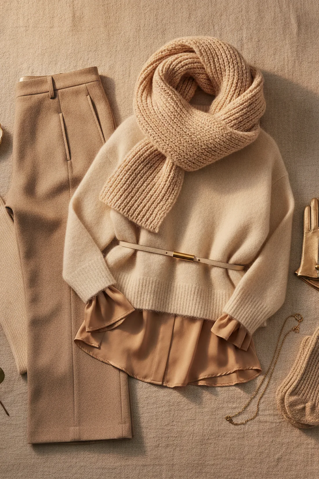 Winter layering pieces flat lay, styled flat lay.